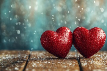Poster - Two red hearts on a wooden table illuminated by soft bokeh lights in a cozy setting