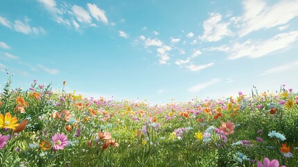Wall Mural - Vibrant Flower Field Under Blue Sky with Soft Clouds