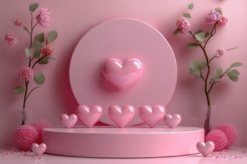 Poster - Pink heart shaped object surrounded by flowers and smaller hearts on a white background