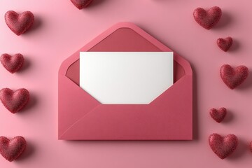 Poster - Pink envelope with white card inside surrounded by red hearts on a white background