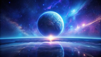 Wall Mural - a celestial body's reflection on a tranquil cosmic ocean, illuminated by a radiant sunrise, amidst a