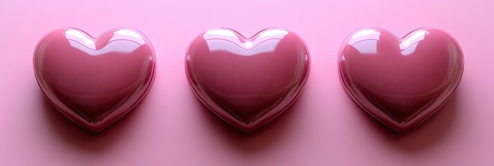 Poster - Three pink hearts arranged on a soft pink background creating a romantic and playful atmosphere