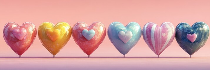 Poster - Colorful hearts in a row on a plain background representing love and affection