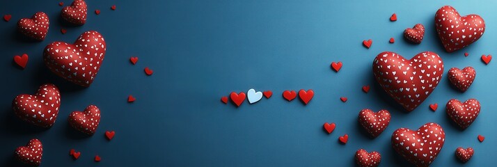 Poster - Bunch of red hearts scattered on a vibrant blue background for design and decoration purposes