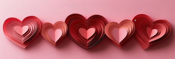 Poster - Row of red hearts on a soft pink background for romantic or decorative themes