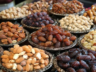 Wall Mural - Variety of Dried Fruits and Nuts Displayed in Silver Bowls Close Up