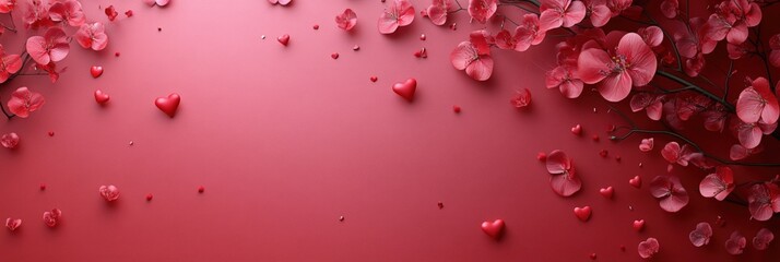 Poster - Red background with hearts and branches creating a romantic and playful atmosphere for various designs