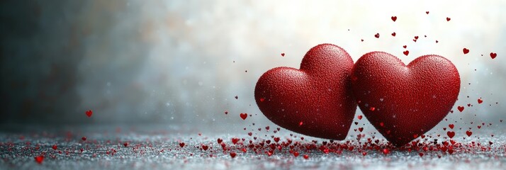 Poster - Two hearts in the air with red hearts floating around in a romantic setting