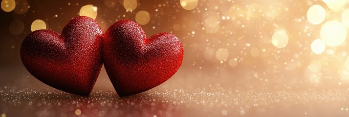 Poster - Two red hearts on a shiny reflective background symbolizing love and affection in a romantic setting