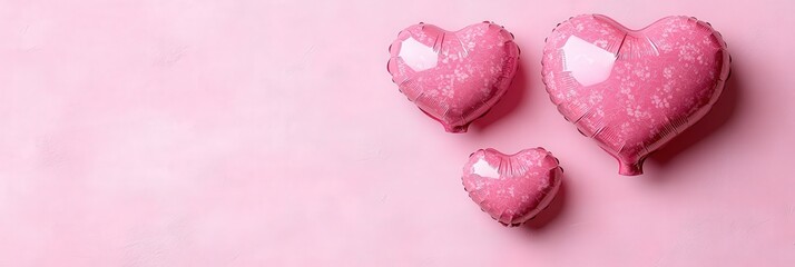 Poster - Two pink heart shaped balloons floating on a soft pink background for a romantic or festive celebration