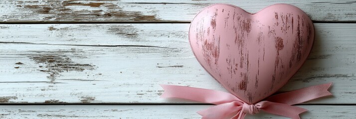 Poster - Pink heart shaped object on a white wooden surface for decorative or artistic purposes