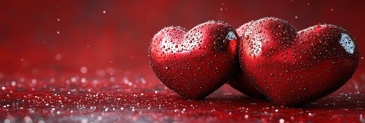 Poster - Two red hearts placed on a solid red background creating a romantic and loving atmosphere