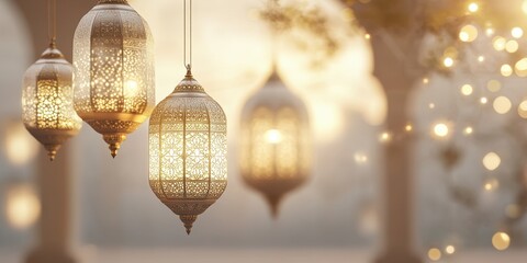 Poster - Glowing lanterns hanging outdoors at sunset.