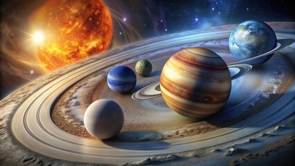 Wall Mural - a celestial ballet planets orbiting a fiery star in a dusty ring system