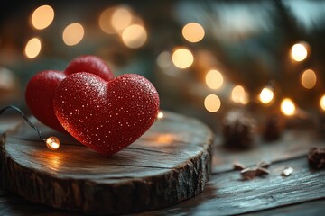 Poster - Heart shaped object placed on a rustic wooden surface with natural textures and patterns