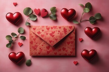Poster - Red envelope decorated with hearts and leaves on a white background for festive occasions