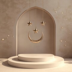 Poster - Elegant crescent moon and stars adorn a minimalist beige podium.