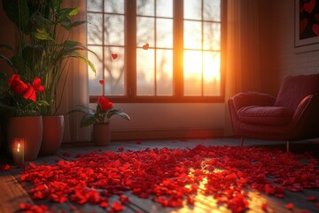 Poster - Room interior featuring a chair and a flower placed on the floor in natural lighting