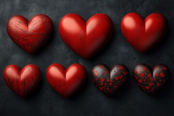 Poster - Group of red hearts arranged on a solid black background for design and decoration purposes