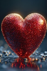 Poster - Red heart with sparkling glitters on a white background for love and romance concepts