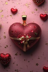 Poster - Heart shaped object with a bow on a soft pink background for celebrations and special occasions