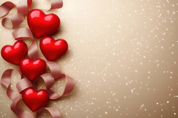 Poster - A collection of red hearts with ribbons arranged on a light beige background for decorative purposes