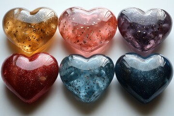 Poster - Five heart shaped glass pieces arranged together on a white background for decorative purposes