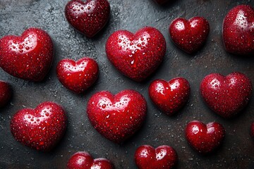 Poster - A cluster of red hearts arranged on a smooth black surface creating a striking visual contrast