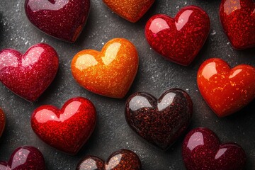 Poster - Colorful hearts arranged on a wooden table representing love and affection in a cozy setting