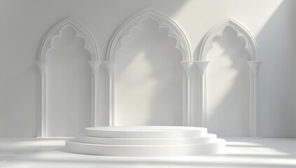 Poster - Minimalist white podium with arches, sunlight.
