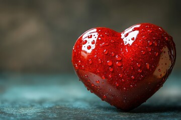 Poster - Red heart symbol with water droplets on a smooth surface creating a romantic and emotional atmosphere