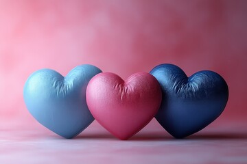 Poster - Three colorful hearts on a soft pink background creating a playful and romantic design