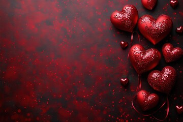 Poster - Red hearts scattered on a black background creating a romantic and artistic pattern