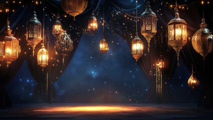 Aufkleber - Illuminated stage with ornate lanterns and velvet drapes.