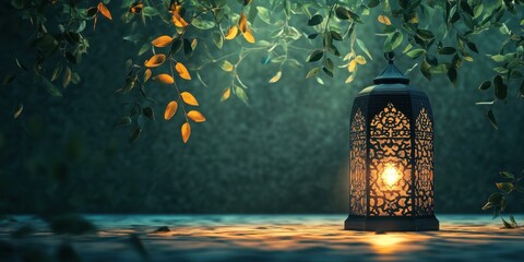Poster - Illuminated lantern under leaves at night.
