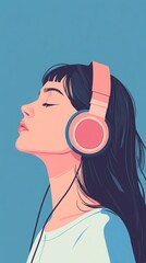 Wall Mural - A retro-inspired album cover for a jazzy female musician listening to relaxed vibrations with her headphones, combining melancholic lighting and classic design elements