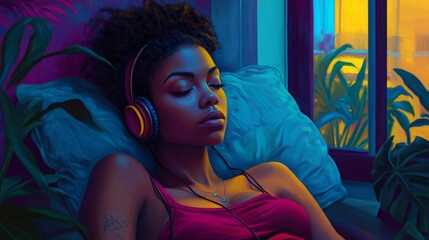 Wall Mural - A retro-inspired album cover for a jazzy female musician listening to relaxed vibrations with her headphones, combining melancholic lighting and classic design elements