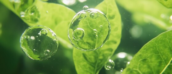 Canvas Print - A close-up of green leaves adorned with water droplets, showcasing a vibrant, fresh, and natural atmosphere.