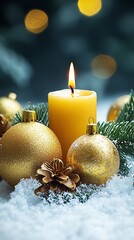 Poster - Golden Christmas candle, ornaments, snow, bokeh. Holiday card