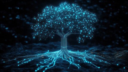 Glowing digital tree, dark background, network concept, website header