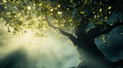 Canvas Print - A majestic tree bathed in soft light, surrounded by shimmering leaves, creating a mystical ambiance in a serene forest setting.