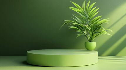 Poster - Simple 3D Rendered Platform for Product Display with Green Background and Plant
