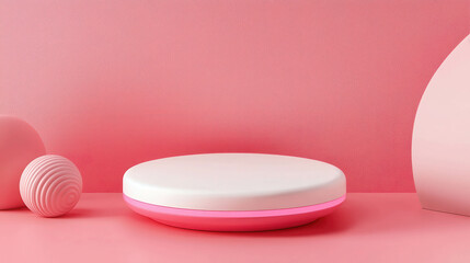 Poster - Simple 3D Rendered Platform for Product Display on Soft Pink Background with Geometric Elements