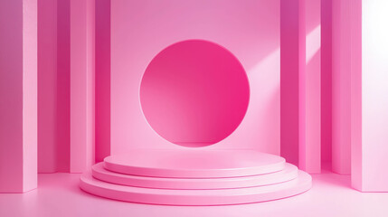 Poster - Minimalist 3D Rendered Platform Setup for Product Display with Pink Background and Round Cutout