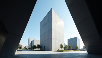 Wall Mural - Geometric Concrete Buildings and Trees Under Clear Sky