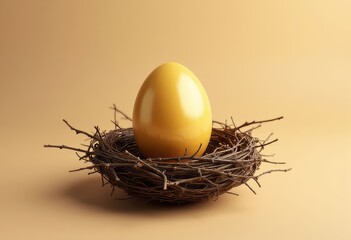 Wall Mural - Golden egg in bird nest against a soft tan backdrop