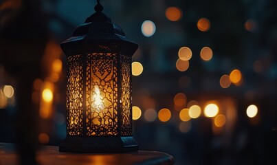 Poster - Illuminated lantern at night with bokeh lights.