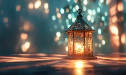 Poster - Illuminated lantern on wooden surface with bokeh background.