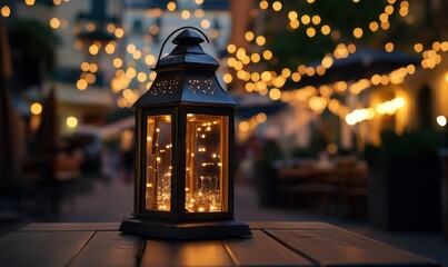 Poster - Illuminated lantern on table at night.