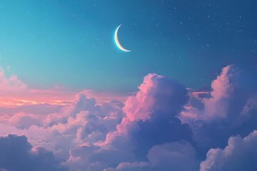 Poster - Dreamy night sky with crescent moon above pink clouds.